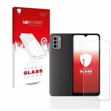 Parte frontal de un envase de producto con el logotipo de la marca upscreen. Al lado se muestra el dispositivo Nokia G22 (Fron
