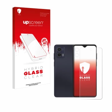 Parte frontal de un envase de producto con el logotipo de la marca upscreen. Al lado se muestra el dispositivo Motorola Moto G