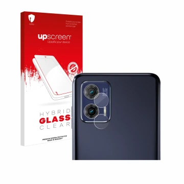 Parte frontal de un envase de producto con el logotipo de la marca upscreen. Al lado se muestra el dispositivo Motorola Moto G