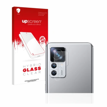 Parte frontal de un envase de producto con el logotipo de la marca upscreen. Al lado se muestra el dispositivo Xiaomi 12T Pro 