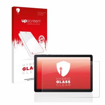 Parte frontal de un envase de producto con el logotipo de la marca upscreen. Al lado se muestra el dispositivo Acer Iconia Tab