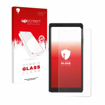 Parte frontal de un envase de producto con el logotipo de la marca upscreen. Al lado se muestra el dispositivo Hisense A9 con 