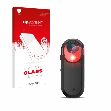 Parte frontal de un envase de producto con el logotipo de la marca upscreen. Al lado se muestra el dispositivo Garmin Varia RC