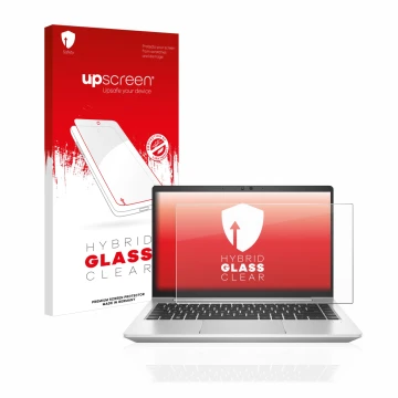 Parte frontal de un envase de producto con el logotipo de la marca upscreen. Al lado se muestra el dispositivo HP EliteBook 64