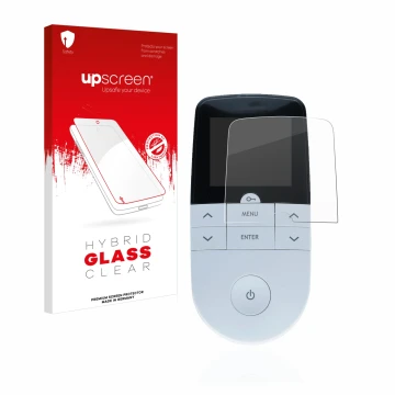 Parte frontal de un envase de producto con el logotipo de la marca upscreen. Al lado se muestra el dispositivo Beurer EM 49 Di