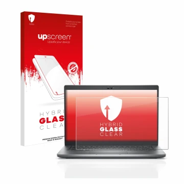 Parte frontal de un envase de producto con el logotipo de la marca upscreen. Al lado se muestra el dispositivo Dell Latitude 5