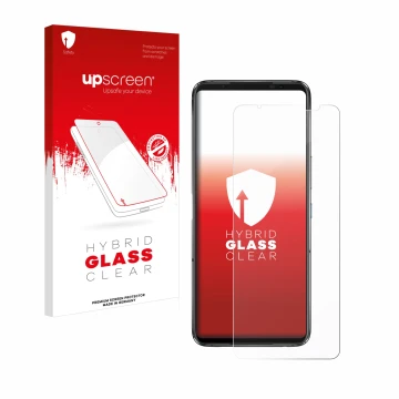 Parte frontal de un envase de producto con el logotipo de la marca upscreen. Al lado se muestra el dispositivo ASUS ROG Phone 