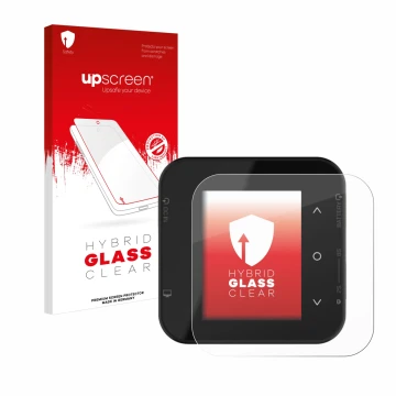 Parte frontal de un envase de producto con el logotipo de la marca upscreen. Al lado se muestra el dispositivo ISDT Air8 con s