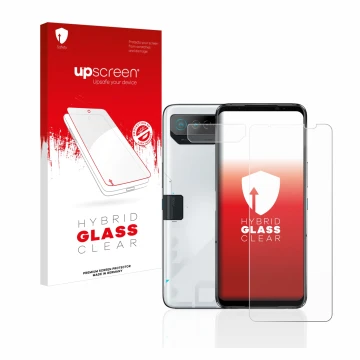 Parte frontal de un envase de producto con el logotipo de la marca upscreen. Al lado se muestra el dispositivo ASUS ROG Phone 