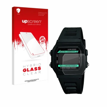 Parte frontal de un envase de producto con el logotipo de la marca upscreen. Al lado se muestra el dispositivo Casio W-86-1VQE