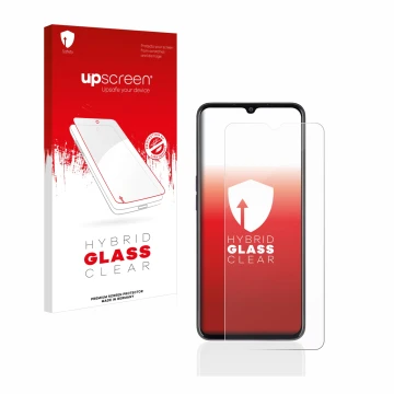 Parte frontal de un envase de producto con el logotipo de la marca upscreen. Al lado se muestra el dispositivo Oppo A77 5G con