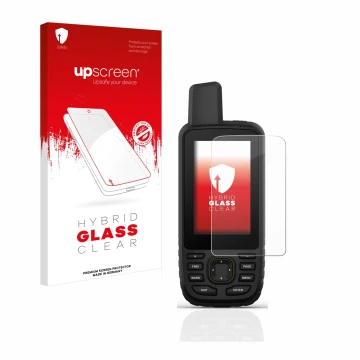Parte frontal de un envase de producto con el logotipo de la marca upscreen. Al lado se muestra el dispositivo Garmin GPSMAP 6