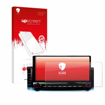 Parte frontal de un envase de producto con el logotipo de la marca upscreen. Al lado se muestra el dispositivo Kia Xceed 2023 