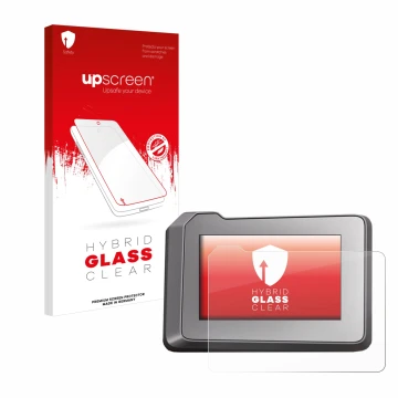 Parte frontal de un envase de producto con el logotipo de la marca upscreen. Al lado se muestra el dispositivo KTM 1290 Super 