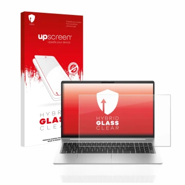 Parte frontal de un envase de producto con el logotipo de la marca upscreen. Al lado se muestra el dispositivo HP ProBook 450 