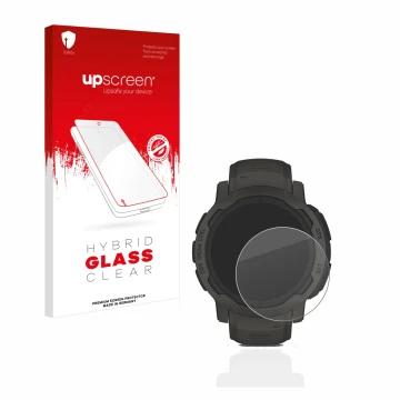 Parte frontal de un envase de producto con el logotipo de la marca upscreen. Al lado se muestra el dispositivo Garmin Instinct