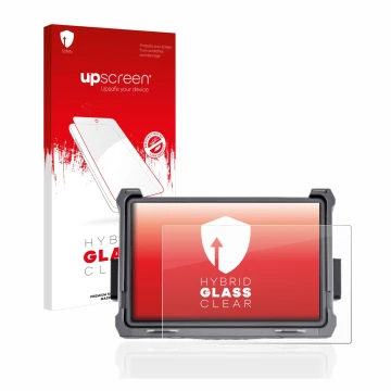 Parte frontal de un envase de producto con el logotipo de la marca upscreen. Al lado se muestra el dispositivo DJI Transmissio