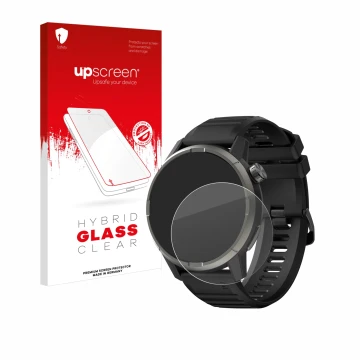 Parte frontal de un envase de producto con el logotipo de la marca upscreen. Al lado se muestra el dispositivo Kiprun GPS 900 