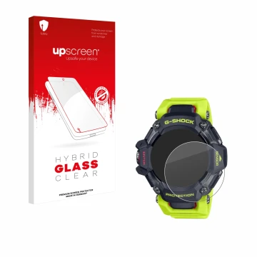 Parte frontal de un envase de producto con el logotipo de la marca upscreen. Al lado se muestra el dispositivo Casio G-Shock G