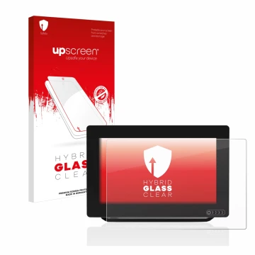 Parte frontal de un envase de producto con el logotipo de la marca upscreen. Al lado se muestra el dispositivo Raymarine Axiom