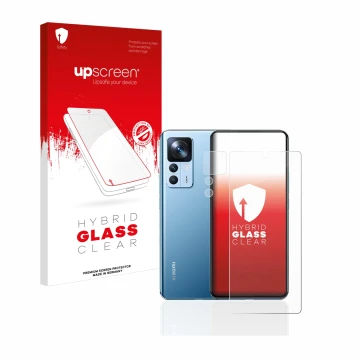 Parte frontal de un envase de producto con el logotipo de la marca upscreen. Al lado se muestra el dispositivo Xiaomi 12T (Fro