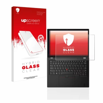 Parte frontal de un envase de producto con el logotipo de la marca upscreen. Al lado se muestra el dispositivo Lenovo Thinkpad