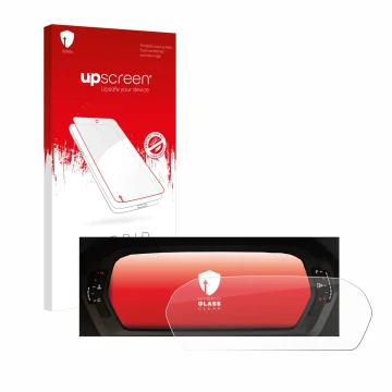 Parte frontal de un envase de producto con el logotipo de la marca upscreen. Al lado se muestra el dispositivo Audi A3 2023 Vi