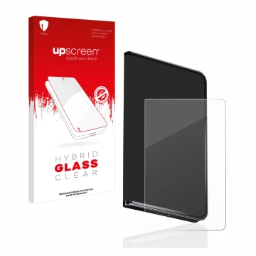 Parte frontal de un envase de producto con el logotipo de la marca upscreen. Al lado se muestra el dispositivo Ledger Stax cry