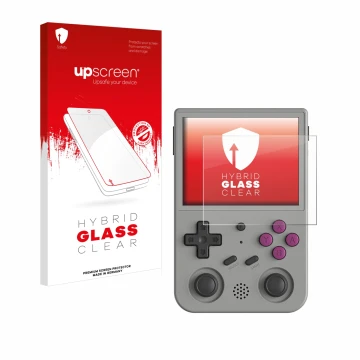 Parte frontal de un envase de producto con el logotipo de la marca upscreen. Al lado se muestra el dispositivo Anbernic RG353V
