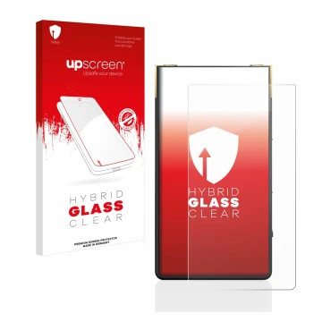 Parte frontal de un envase de producto con el logotipo de la marca upscreen. Al lado se muestra el dispositivo Sony Walkman NW