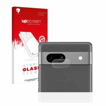 Parte frontal de un envase de producto con el logotipo de la marca upscreen. Al lado se muestra el dispositivo Google Pixel 7a