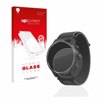 Parte frontal de un envase de producto con el logotipo de la marca upscreen. Al lado se muestra el dispositivo Coros Apex 2 Pr