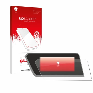 Parte frontal de un envase de producto con el logotipo de la marca upscreen. Al lado se muestra el dispositivo BMW 1 F40 2023 