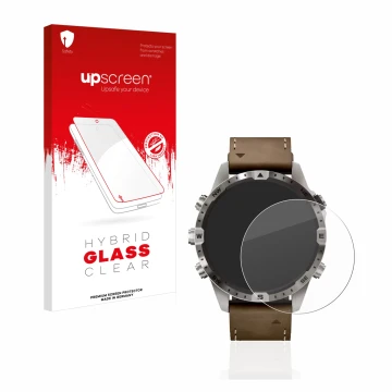 Parte frontal de un envase de producto con el logotipo de la marca upscreen. Al lado se muestra el dispositivo Garmin Marq Adv