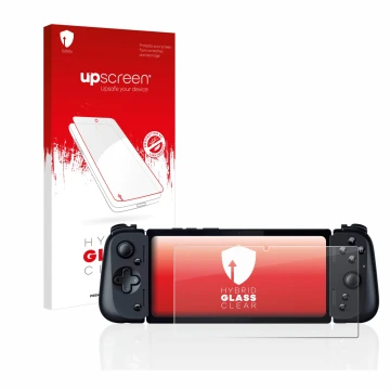 Parte frontal de un envase de producto con el logotipo de la marca upscreen. Al lado se muestra el dispositivo Razer Edge 5G c