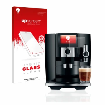 Parte frontal de un envase de producto con el logotipo de la marca upscreen. Al lado se muestra el dispositivo Jura J8 con su 