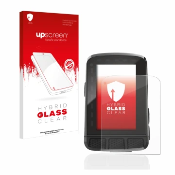 Parte frontal de un envase de producto con el logotipo de la marca upscreen. Al lado se muestra el dispositivo Wahoo Elemnt Ro