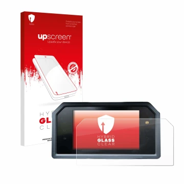Parte frontal de un envase de producto con el logotipo de la marca upscreen. Al lado se muestra el dispositivo Yamaha Tmax 560