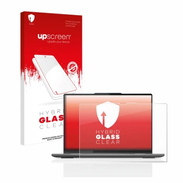 Parte frontal de un envase de producto con el logotipo de la marca upscreen. Al lado se muestra el dispositivo Lenovo Yoga 7 G