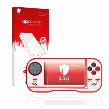 Parte frontal de un envase de producto con el logotipo de la marca upscreen. Al lado se muestra el dispositivo Blaze Evercade 