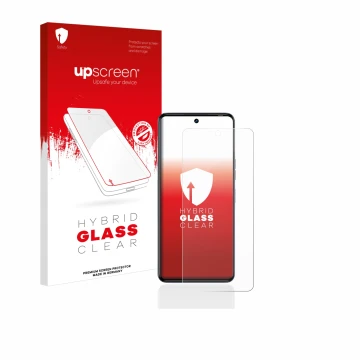 Parte frontal de un envase de producto con el logotipo de la marca upscreen. Al lado se muestra el dispositivo Tecno Camon 20 