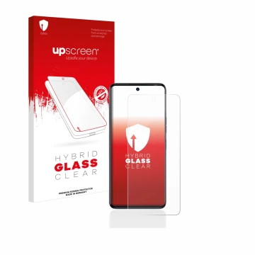Parte frontal de un envase de producto con el logotipo de la marca upscreen. Al lado se muestra el dispositivo Tecno Camon 20 