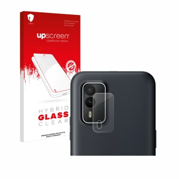 Parte frontal de un envase de producto con el logotipo de la marca upscreen. Al lado se muestra el dispositivo Nokia XR21 (SÓL
