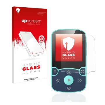Parte frontal de un envase de producto con el logotipo de la marca upscreen. Al lado se muestra el dispositivo AGPtek A65X MP3