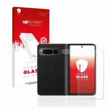 Parte frontal de un envase de producto con el logotipo de la marca upscreen. Al lado se muestra el dispositivo Google Pixel Fo