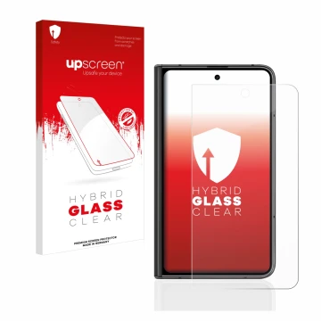 Parte frontal de un envase de producto con el logotipo de la marca upscreen. Al lado se muestra el dispositivo Google Pixel Fo