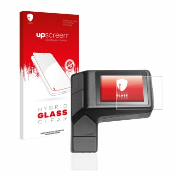 Parte frontal de un envase de producto con el logotipo de la marca upscreen. Al lado se muestra el dispositivo Giant Ridecontr