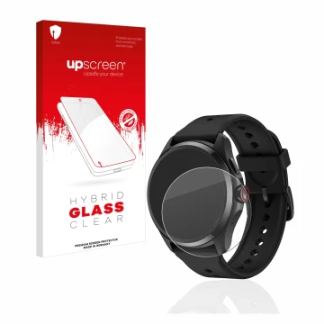 Parte frontal de un envase de producto con el logotipo de la marca upscreen. Al lado se muestra el dispositivo Mobvoi TicWatch