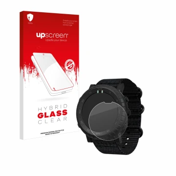 Parte frontal de un envase de producto con el logotipo de la marca upscreen. Al lado se muestra el dispositivo Suunto Core Alp