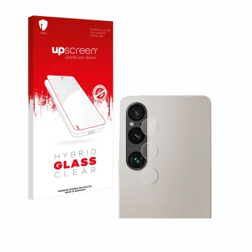 Parte frontal de un envase de producto con el logotipo de la marca upscreen. Al lado se muestra el dispositivo Sony Xperia 1 V